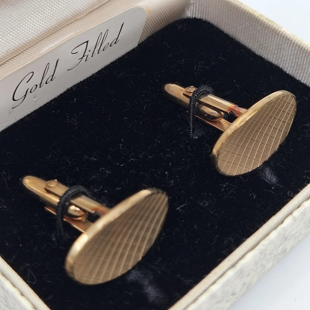 NEW VINTAGE Louis 12K Gold Filled Etched Men's Oval Cufflinks Cuff Links in Box
